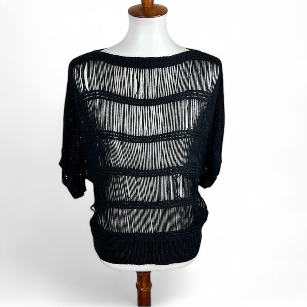 Sheer Knit Short-Sleeve Sweater - Black